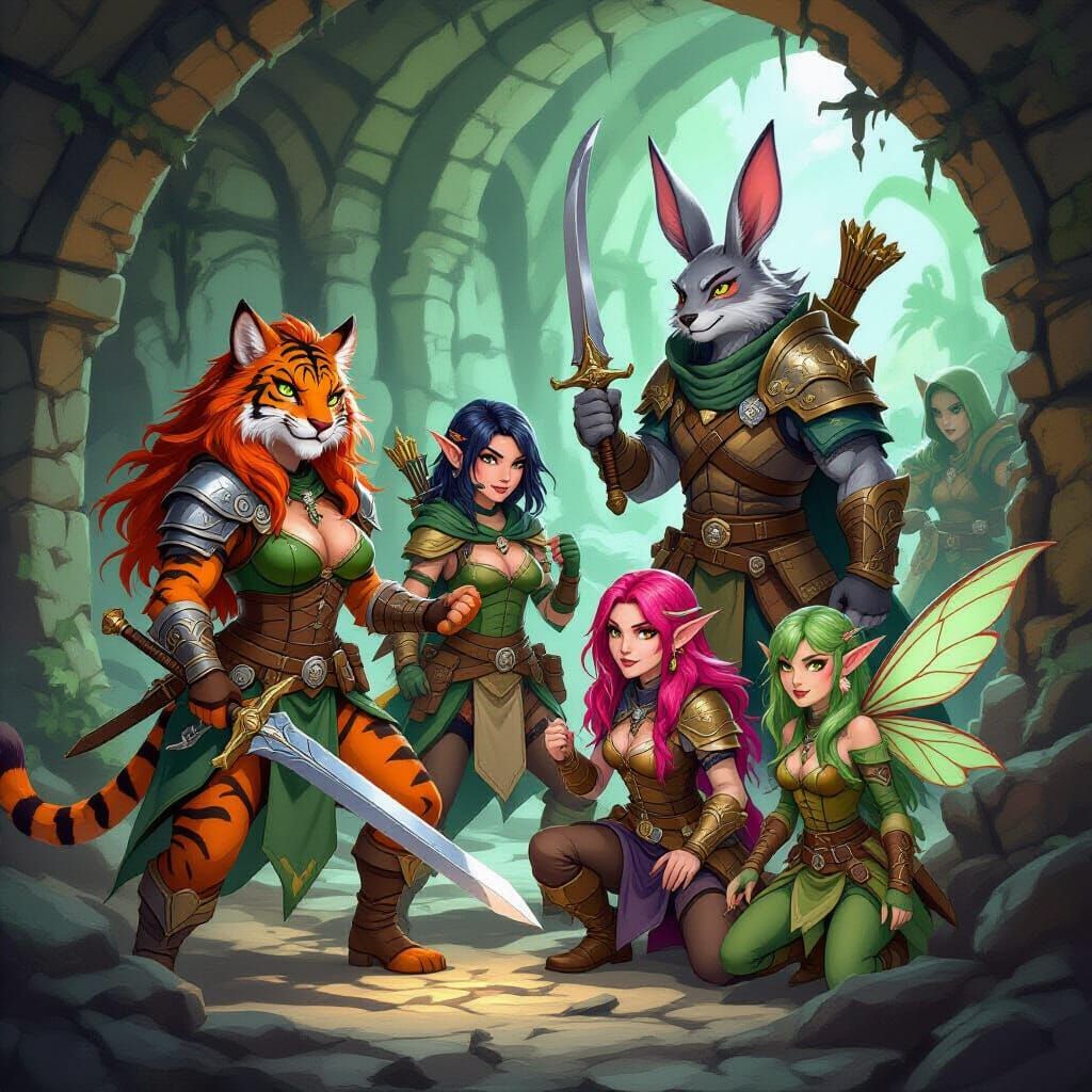 Fantasy D&D Party Fights Goblins in Dungeon