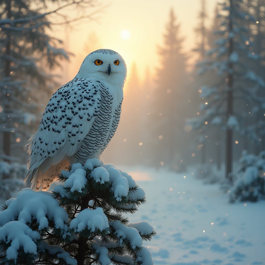 Ethereal Winter Scene with Majestic Snowy Owl in Serene Fore...