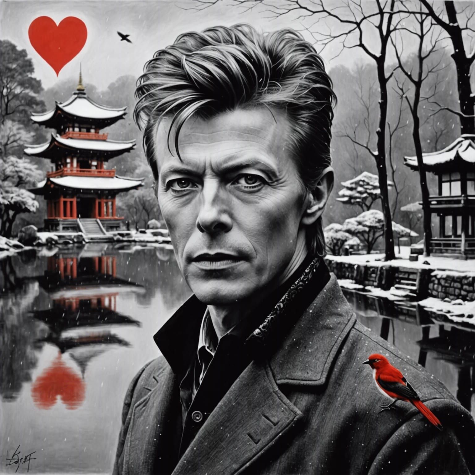 David Bowie Portrait with Red Bird in Charcoal