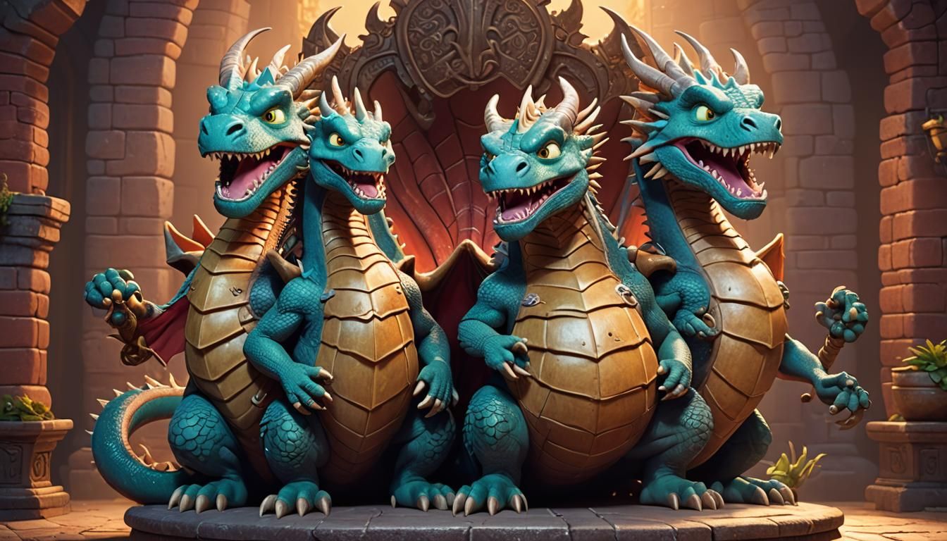 Humorous Three-Headed Dragon on a Throne as 3D Art