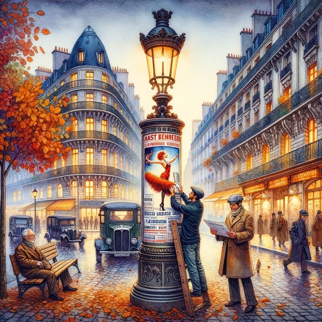 Parisian Street Scene at Dusk in Watercolor