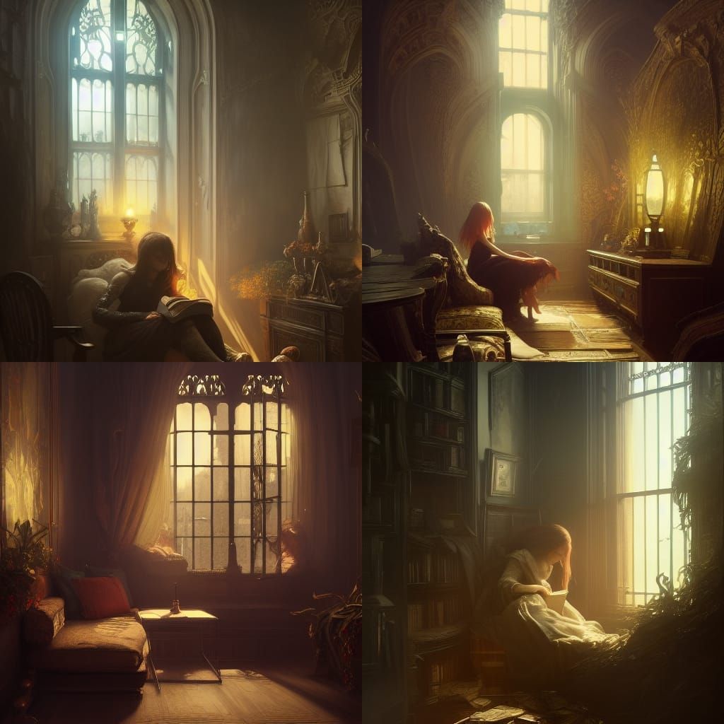 Hyperdetailed Fantasy Reading Corner in Deep Color