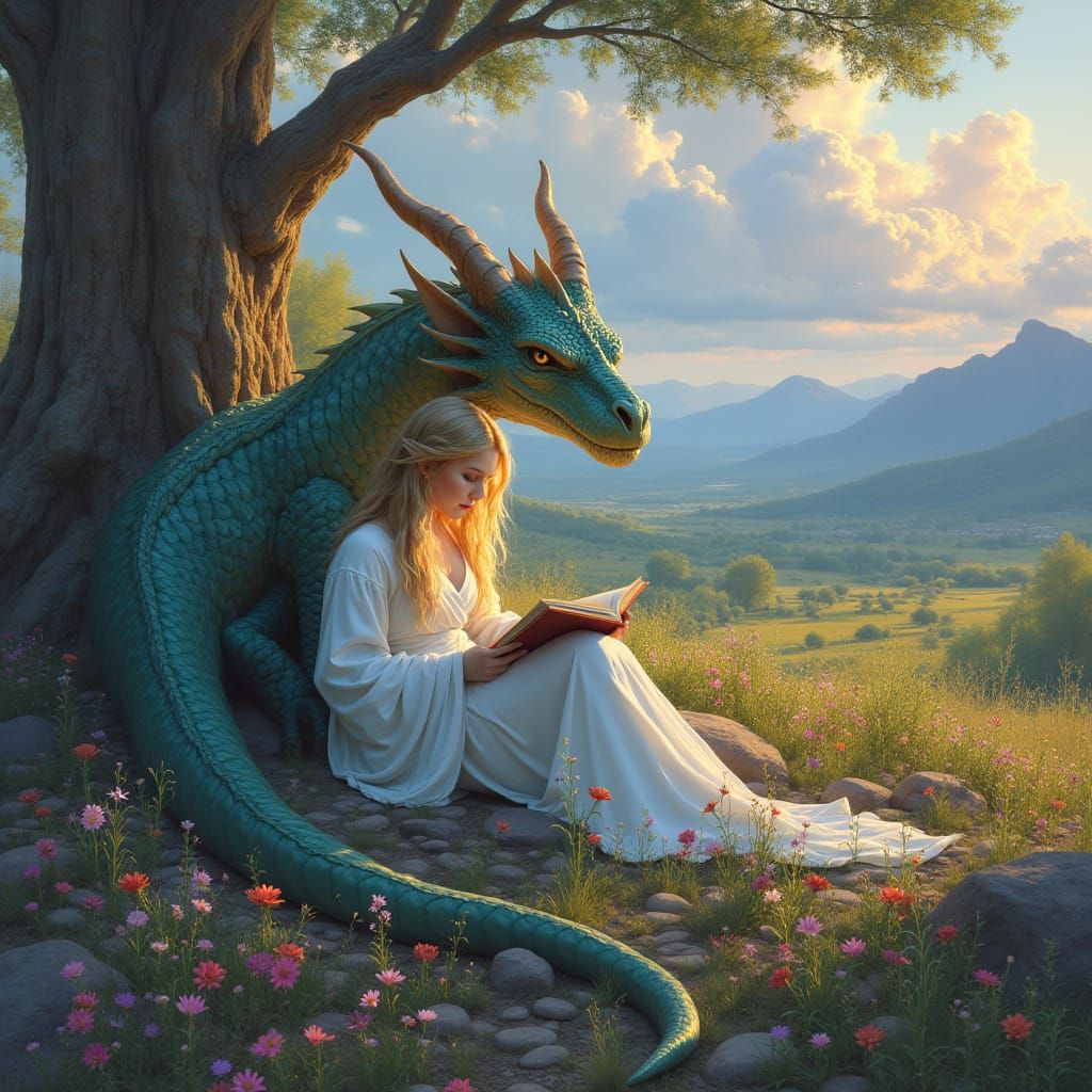 Enchanting Elf Reads with Dragon in Forest