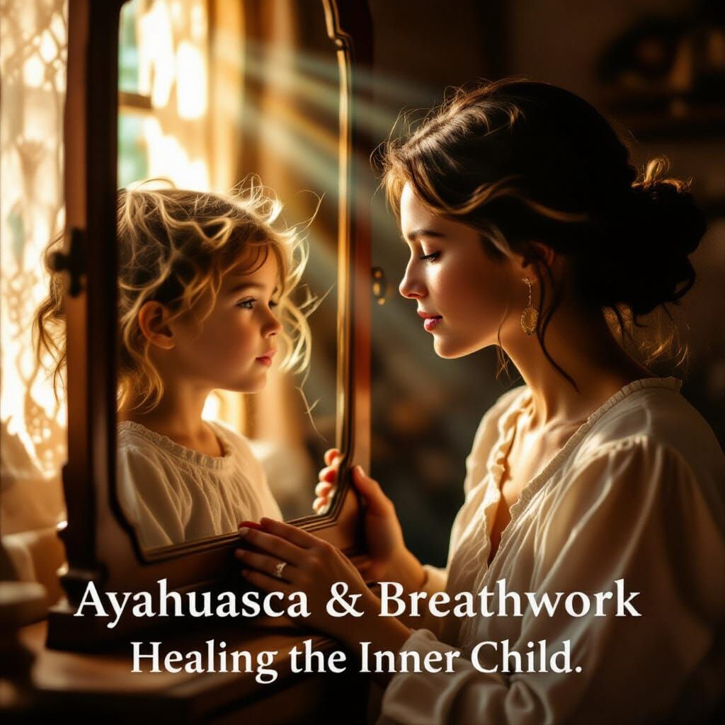 Adult Woman Reconnects with Inner Child Through Mirror