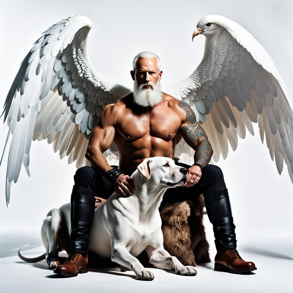 Winged Old Man with Great Dane in Luminism Style