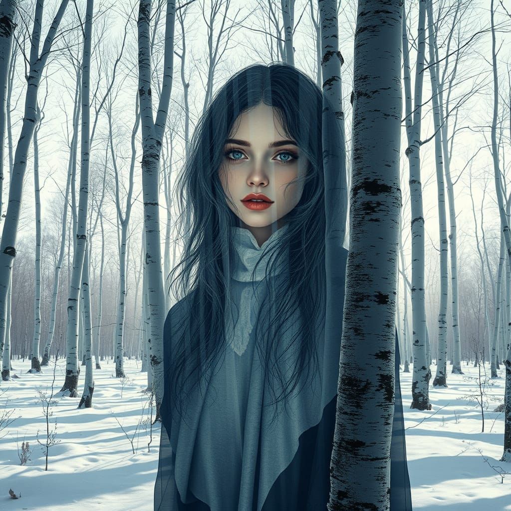 A surreal and captivating image of a ghostly woman standing tall in a snow-covered birch forest. Her translucent form is...