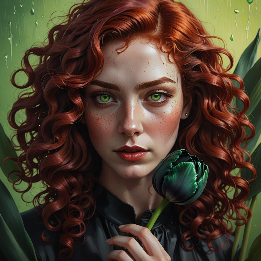 Hyperrealistic Girl Holds a Dramatic Black Tulip in a Vibran...