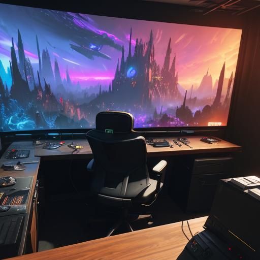 Futuristic Gaming Room with Neon Lights and Fantasy Decor