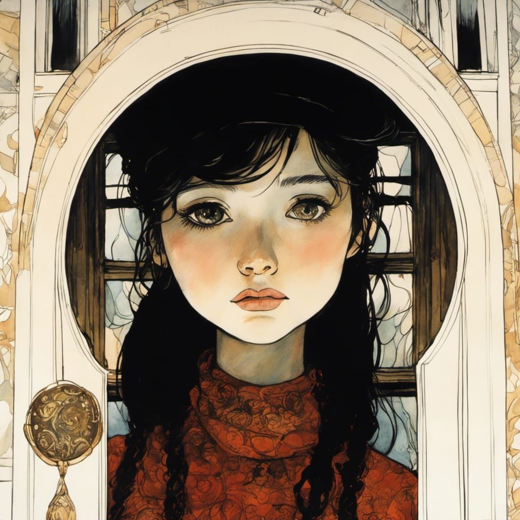 Pensive Girl by Window, Expressive Illustration