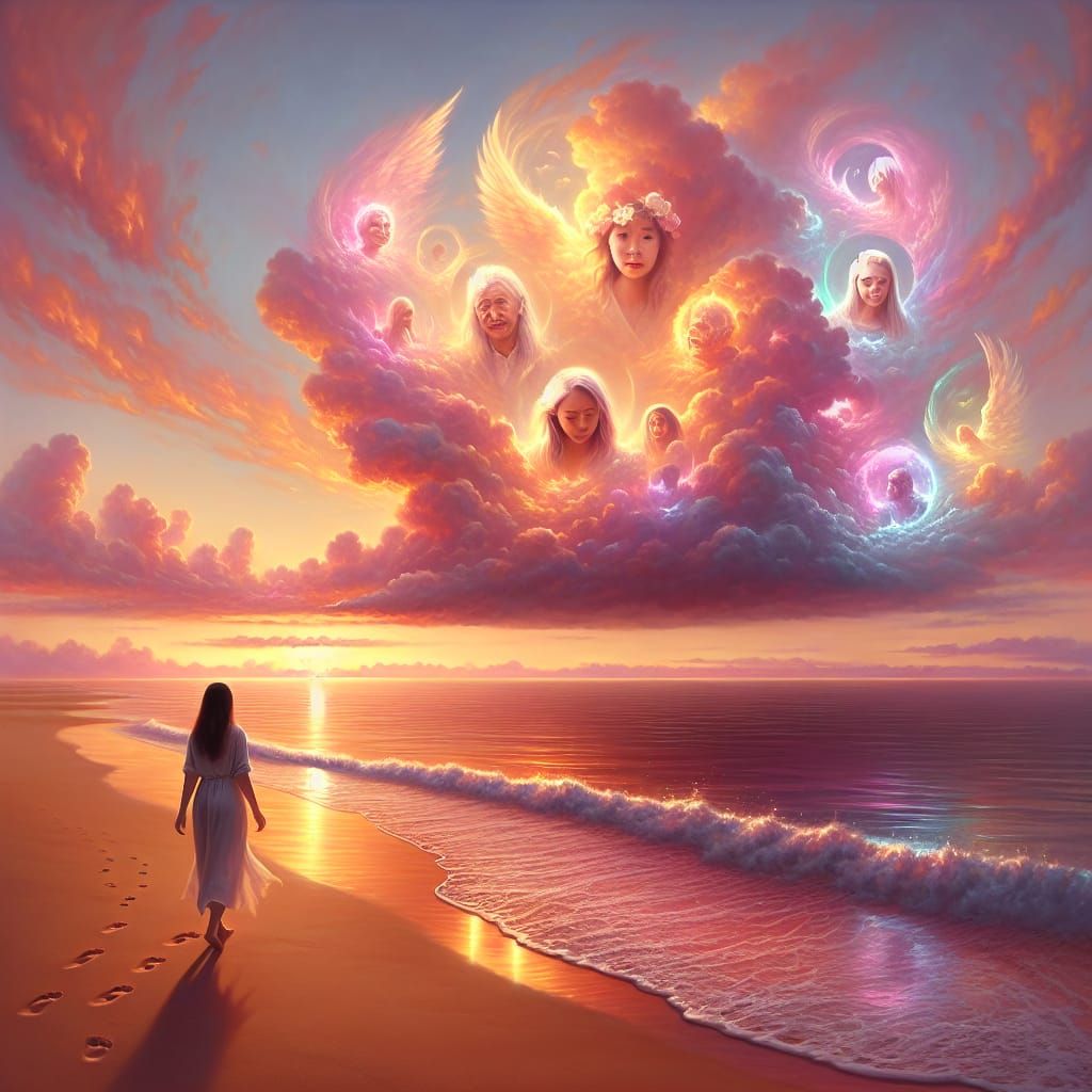 Sunset Beach Walk with Guardian Angels in the Sky