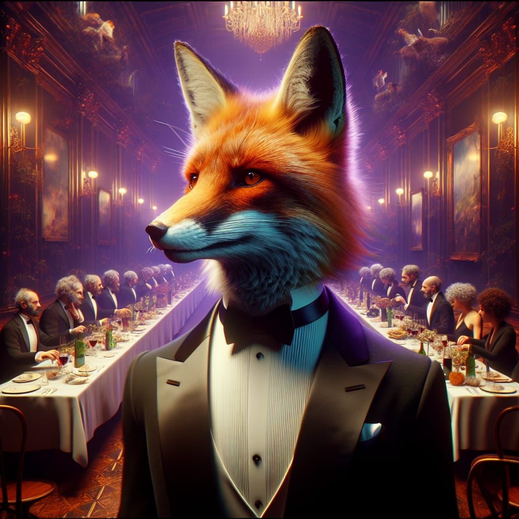 Fox in Tuxedo at Dinner Party: Matte Painting