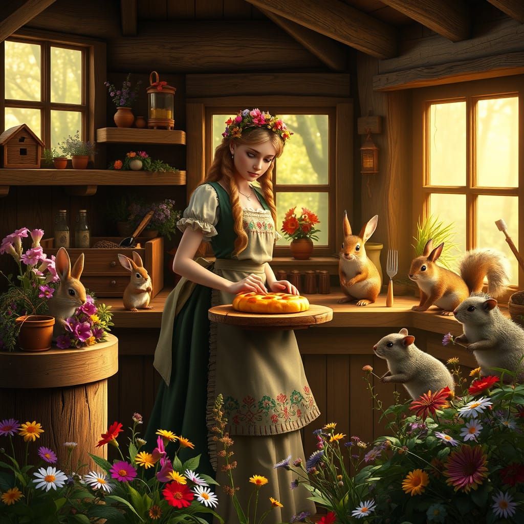 Whimsical Woodland Cottage Scene in Fantasy Art Style