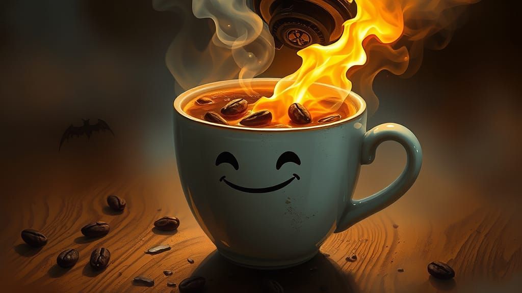 A Bubble Face Emerges from Fiery Coffee in a Darkly Dramatic...