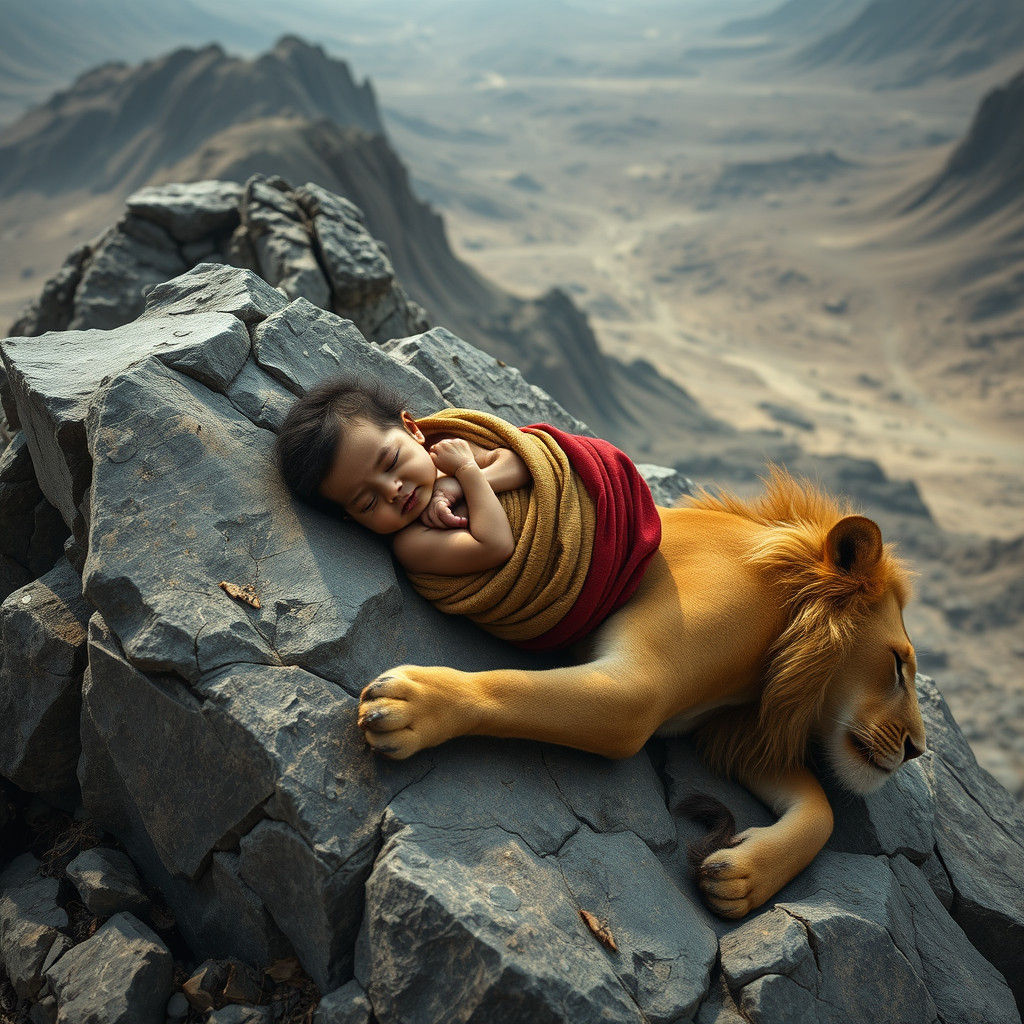 Newborn on Mountain with Lion: Digital Matte Painting