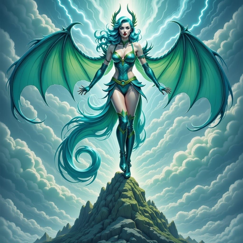 Iridescent Dragon Maiden on Mountain with Lightning