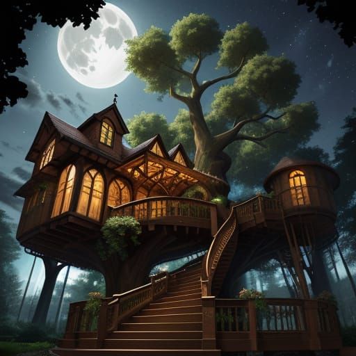 Majestic W-Shaped Treehouse with Brown and Black Wooden Acce...