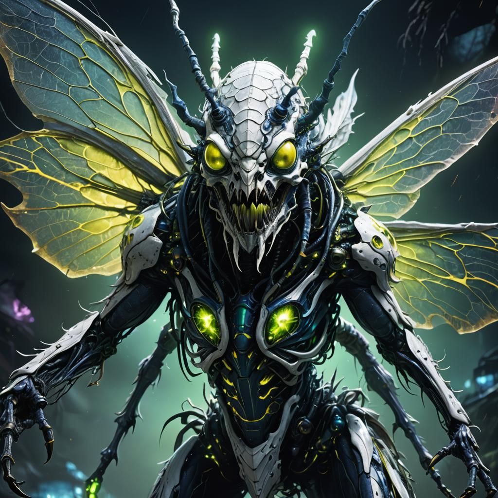 Furious White Fly Creature in Dark Fantasy World