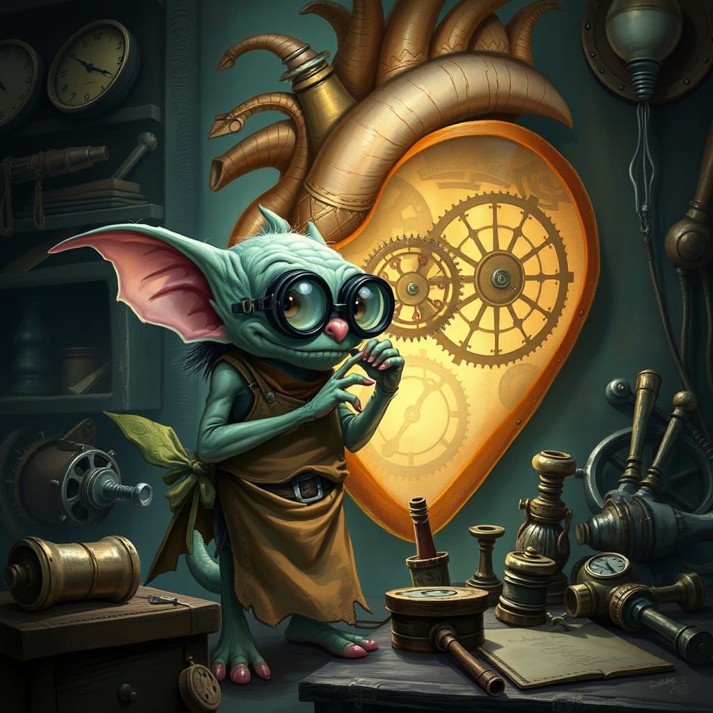 Gremlin Inventor Adjusting Clockwork Heart in Whimsical Styl...