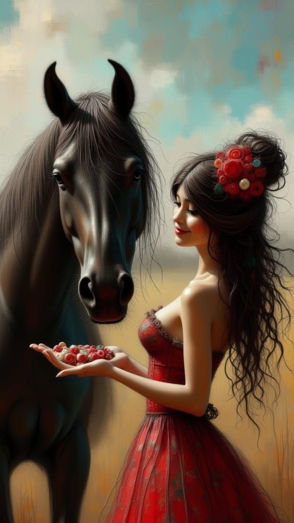 Black Horse and Mexican Damsel in Whimsical Field