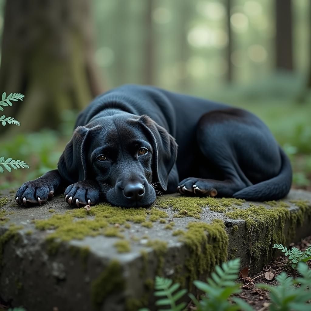 Peaceful Black Labrador in Dreamy Forest Landscape