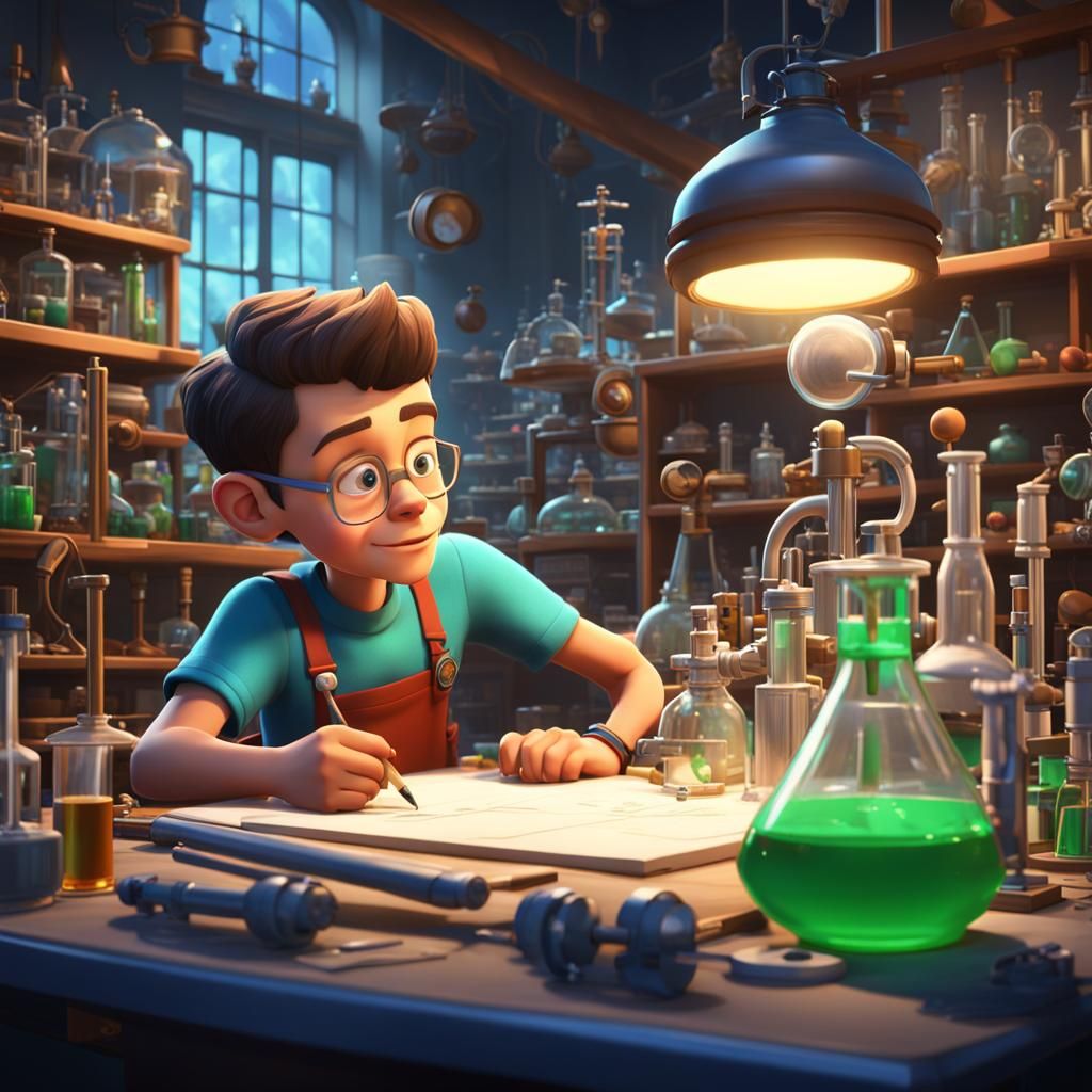Boy Scientist in Lab, Detailed Matte Painting