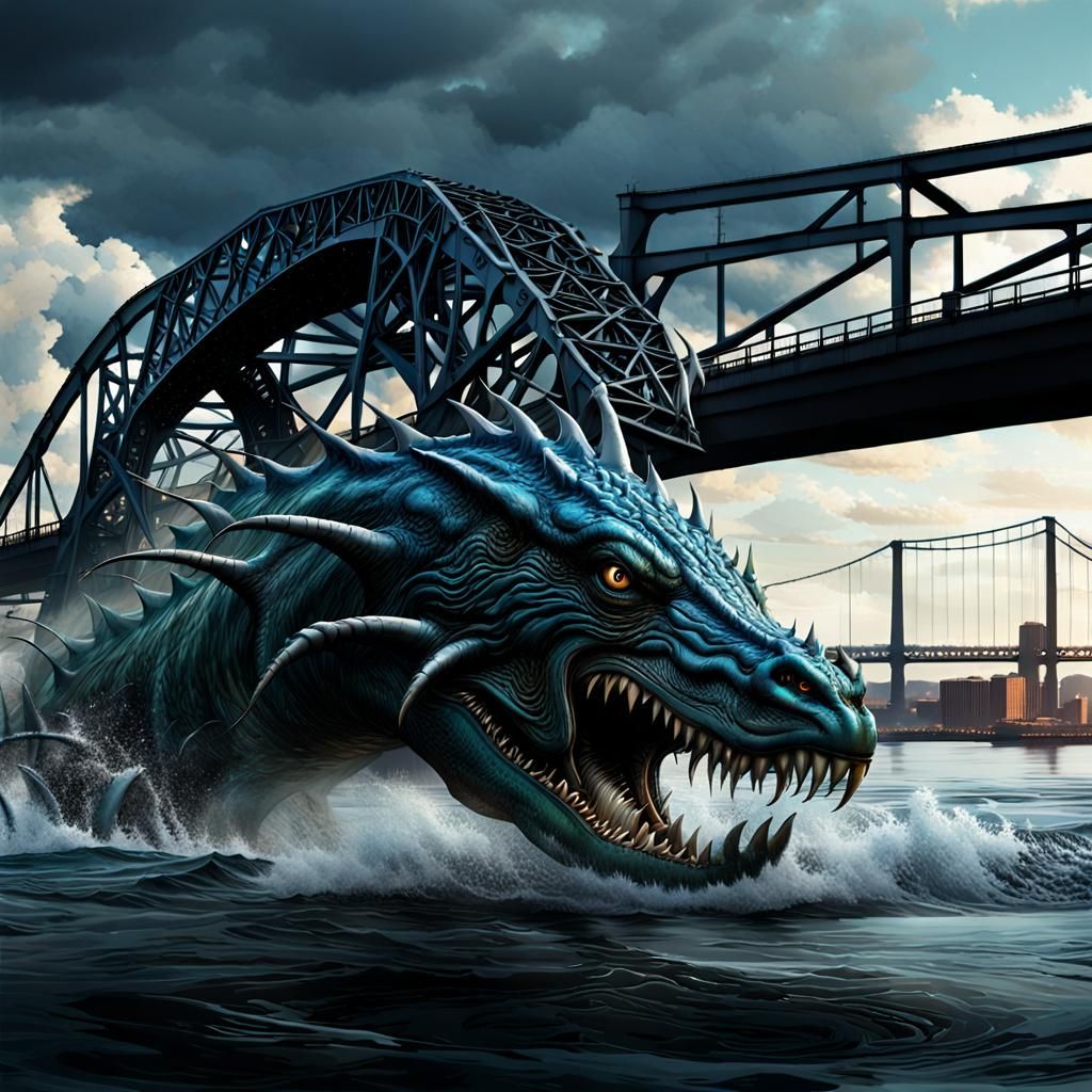 Sea Monster Attacks Bridge: Hyperdetailed Concept Art