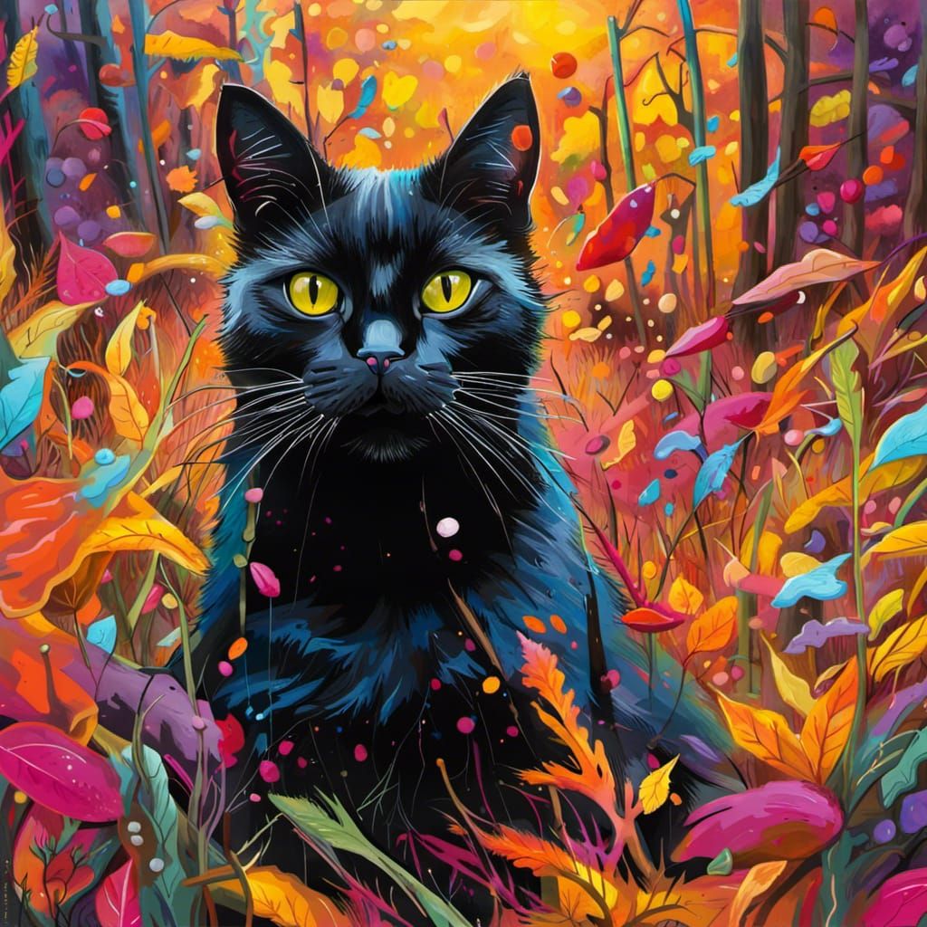 Black Cat in Autumn Meadow as Graffiti Art