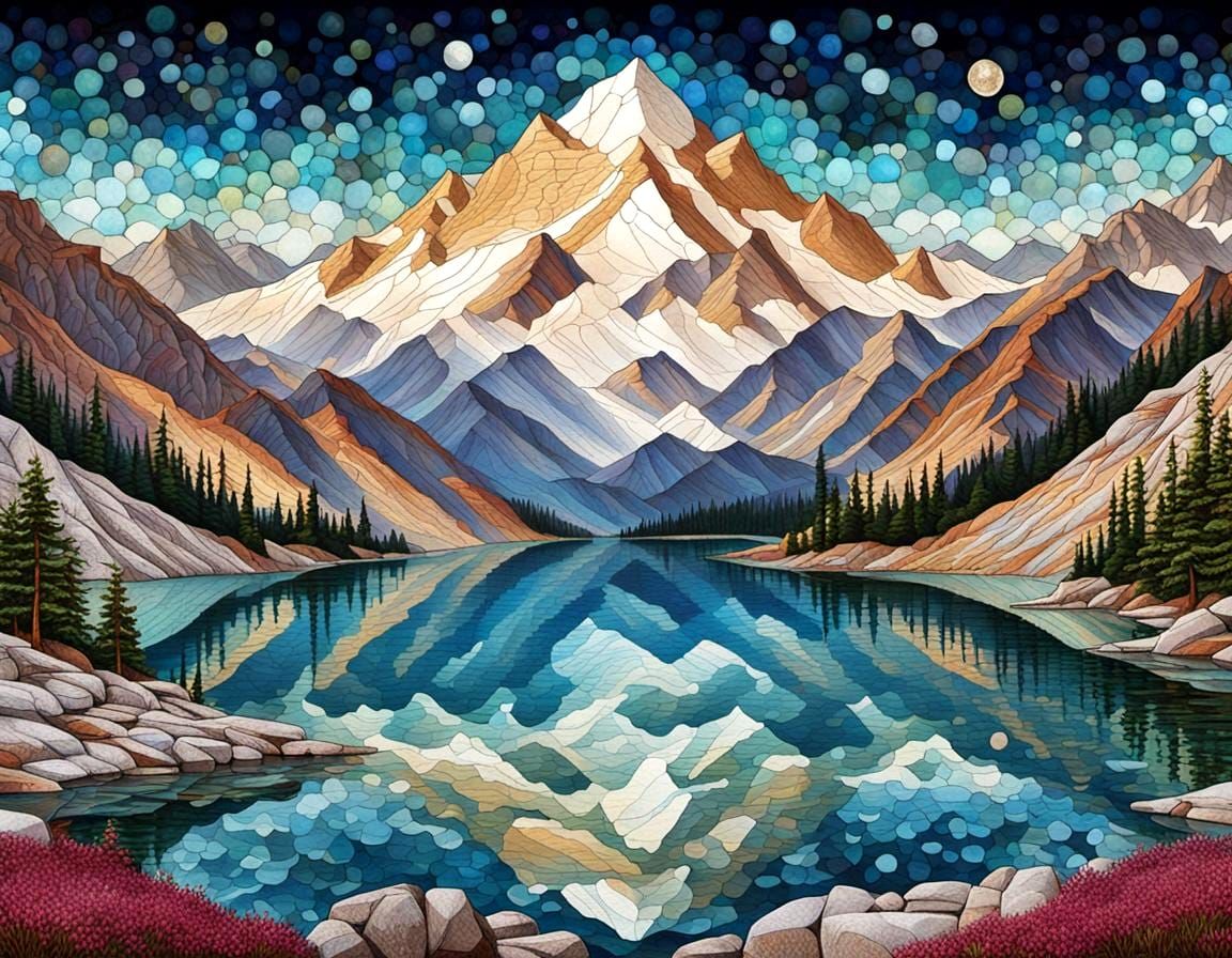 Vibrant Mountain Lake in Gemstone Mosaic Style