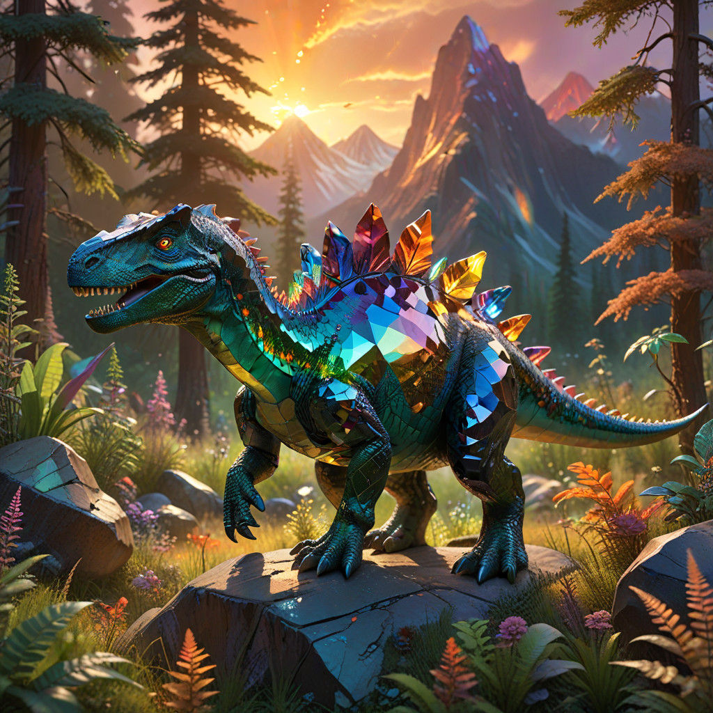 Dinosaur in a Vibrant, Gemstone-Encrusted Meadow