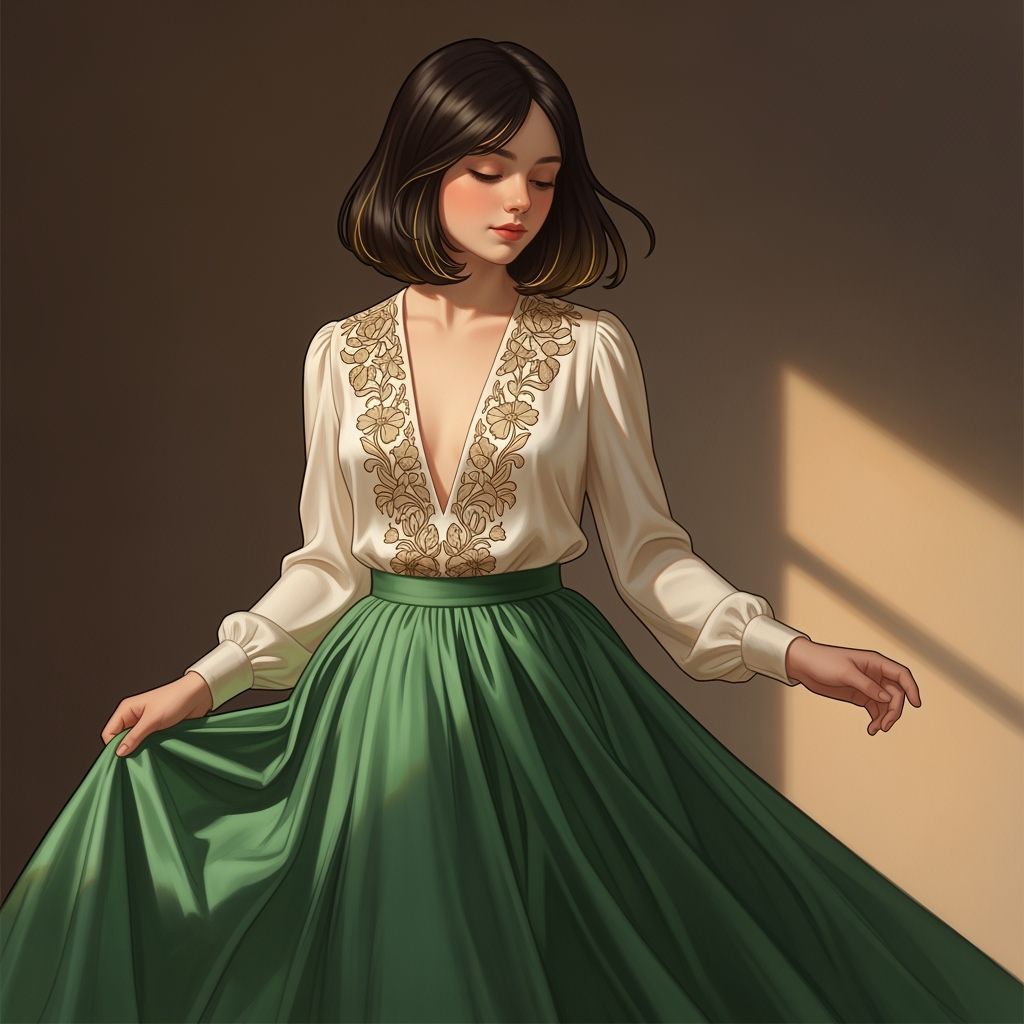 Teen Girl in Embroidered Blouse, Art Nouveau Style