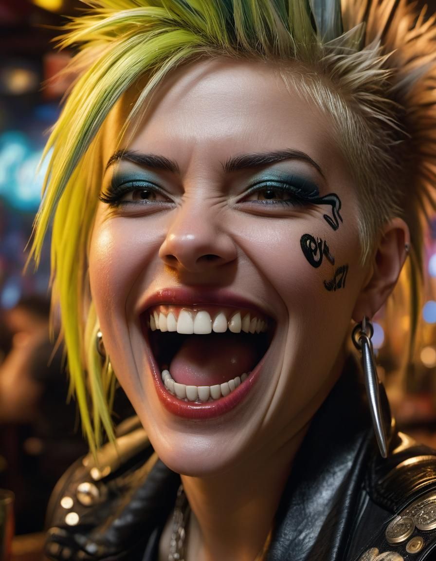 Laughing Punk Rocker in Graffiti Bar at Midnight