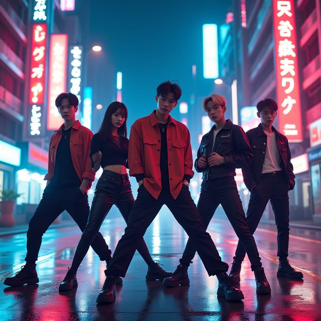 K-Pop Group Performs in Neon-Lit Cityscape