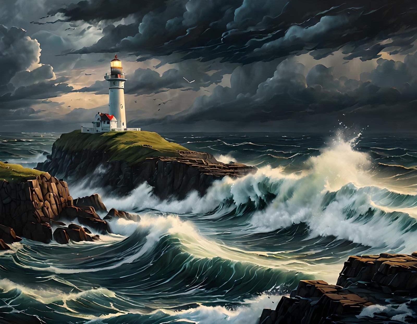 Lighthouse on Rocky Coast Under Stormy Twilight