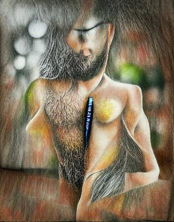 Nude Man with Beard in Charcoal Sketch Style