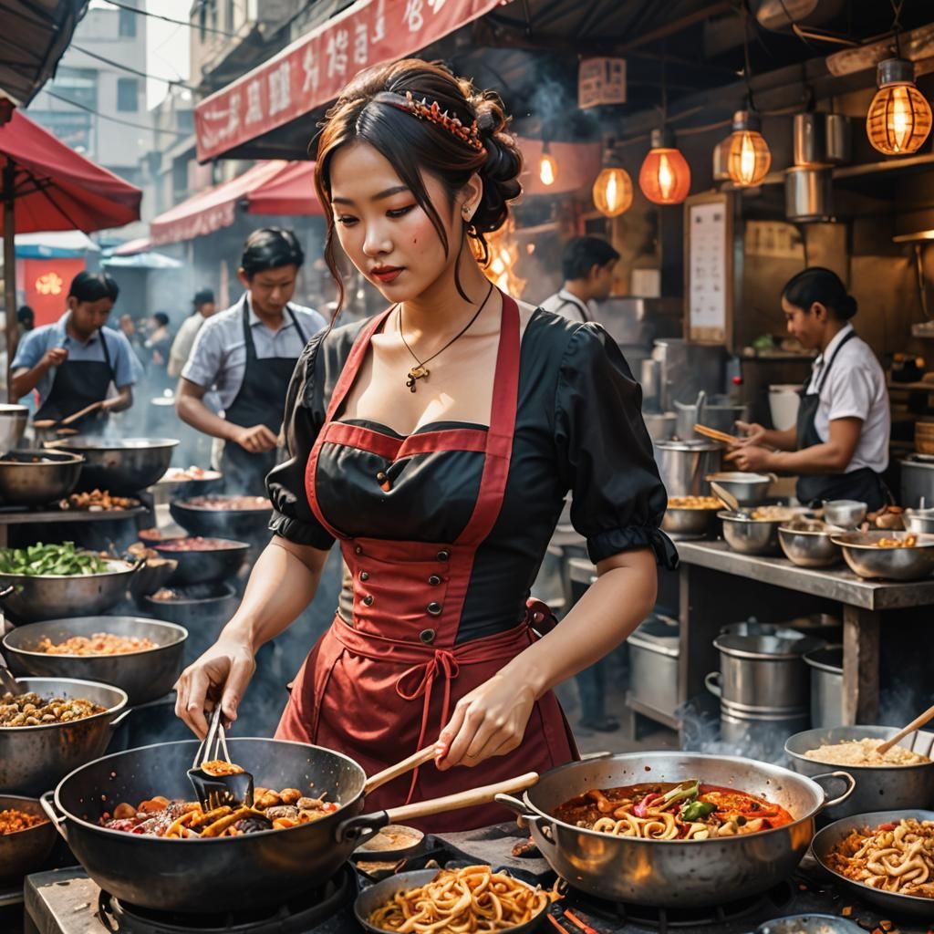 Woman Cooking at Street Food Stall in Vibrant Colors