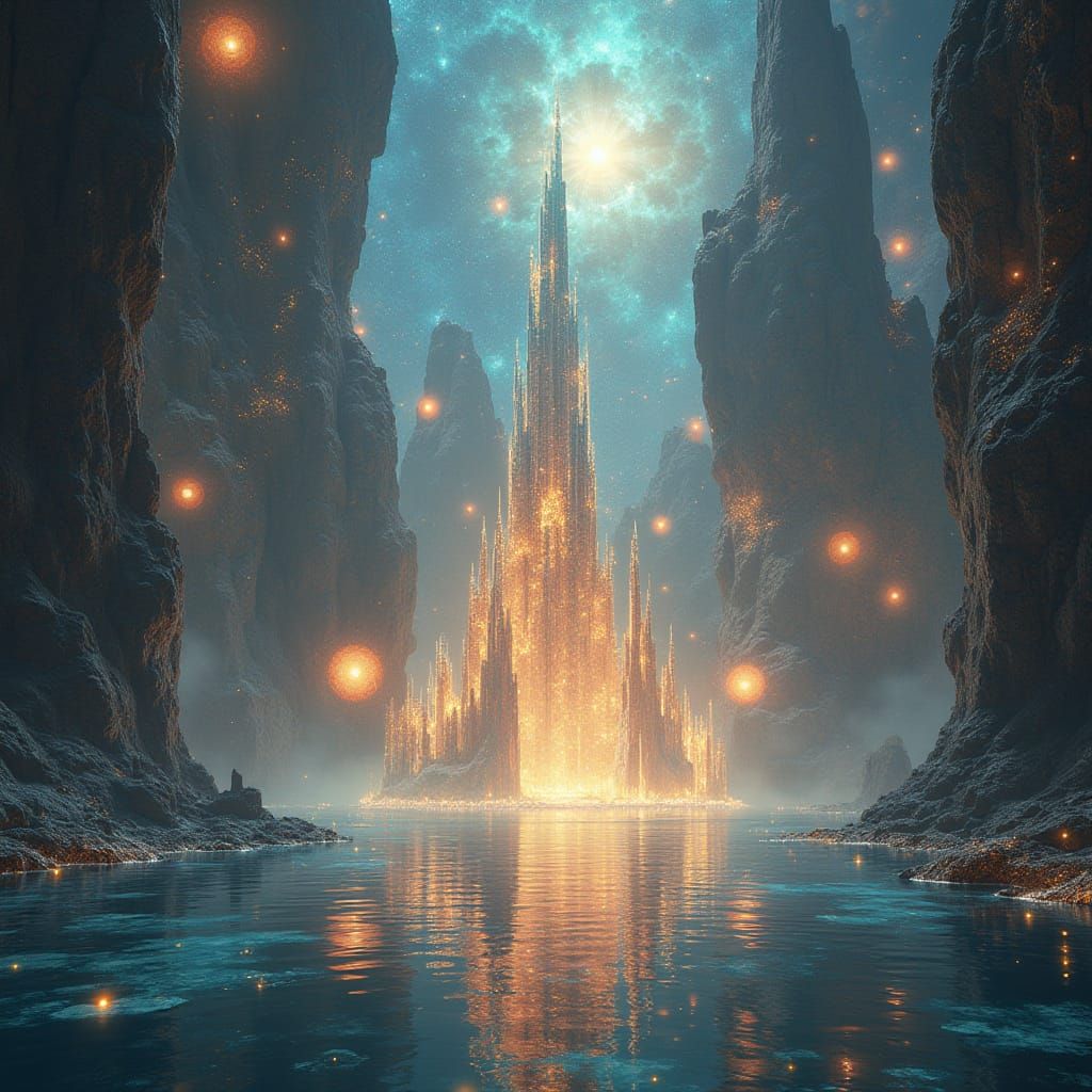 Cosmic Cathedral Floating Above Shimmering Ocean