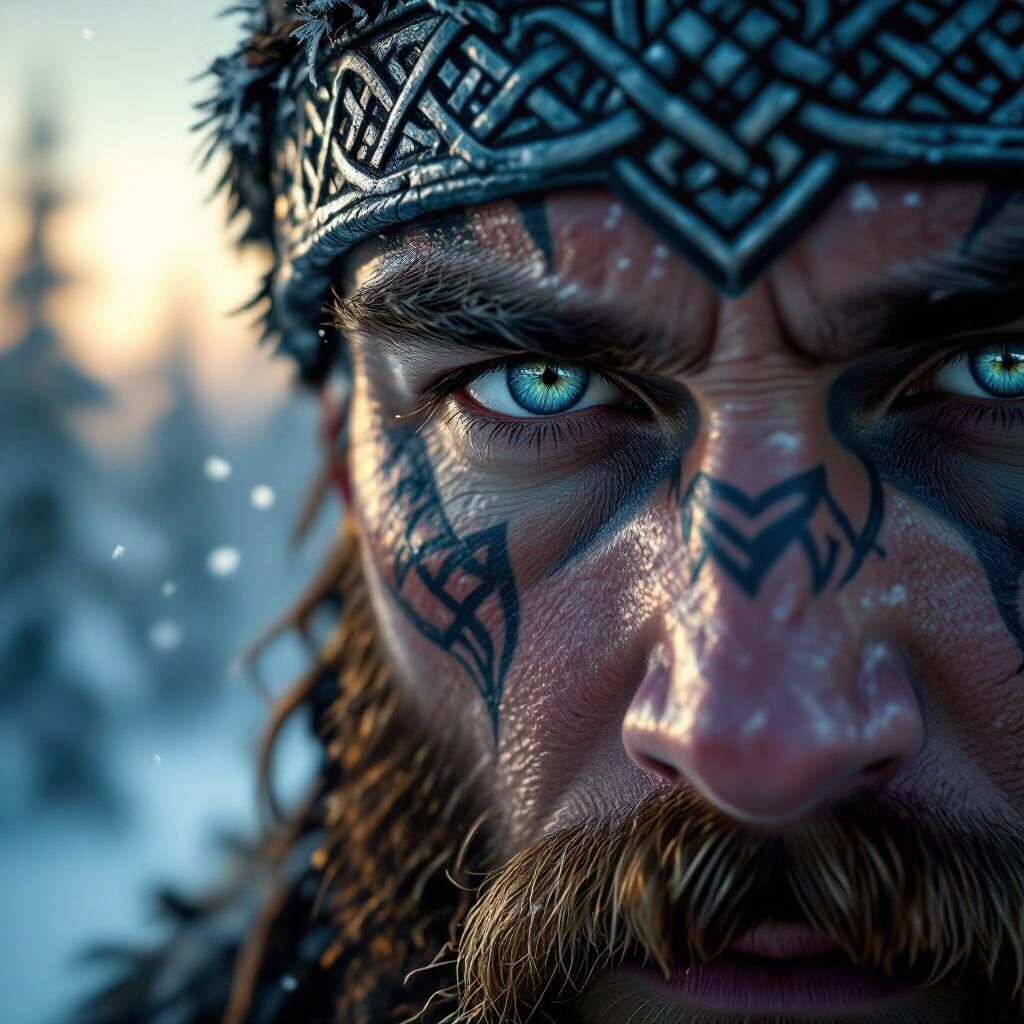 Viking Warrior Eye Portrait in Dramatic Oil Painting Style