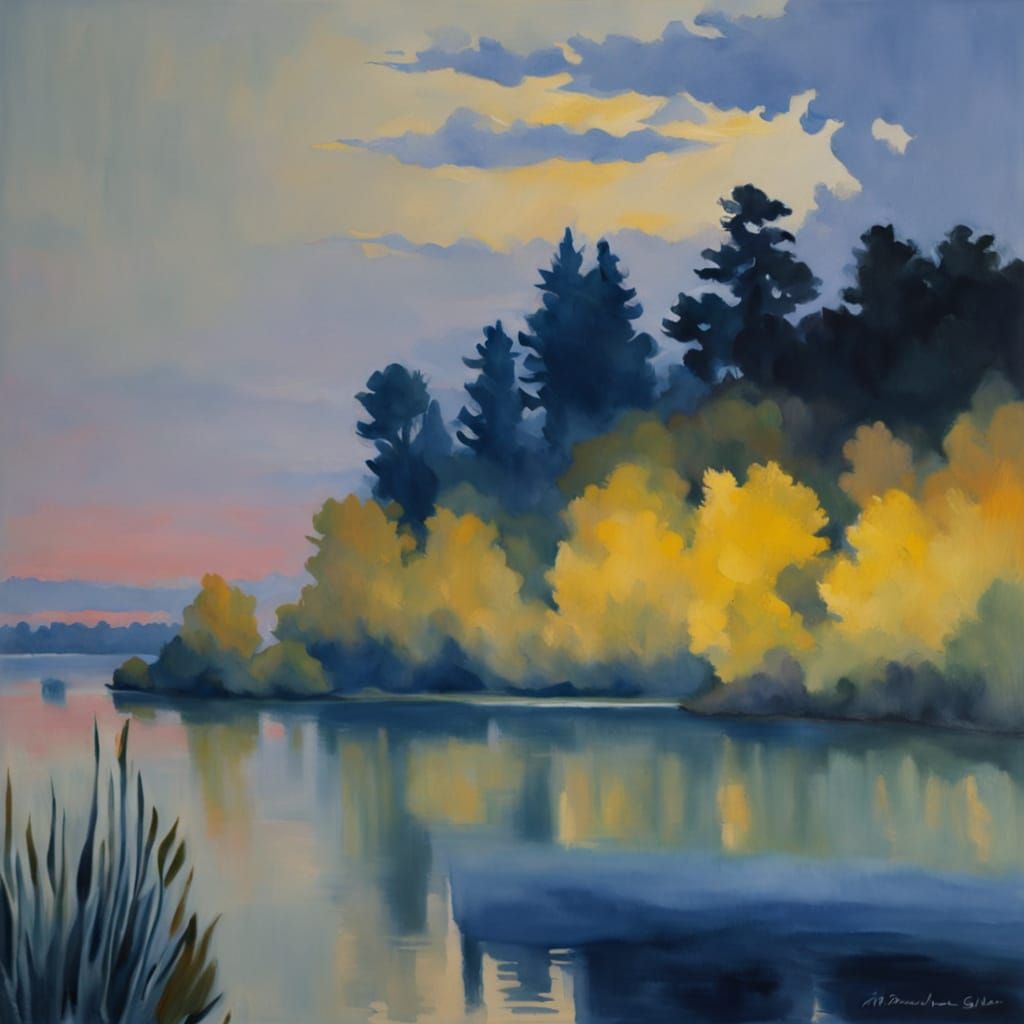 Serene Lake at Sunrise: Impressionist Gouache Painting