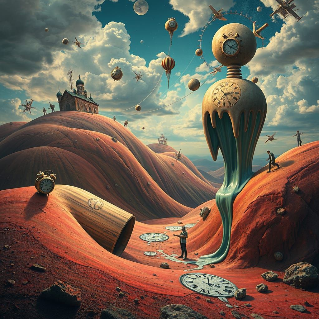 Dreamlike Landscape with Melting Clocks in Surreal Style