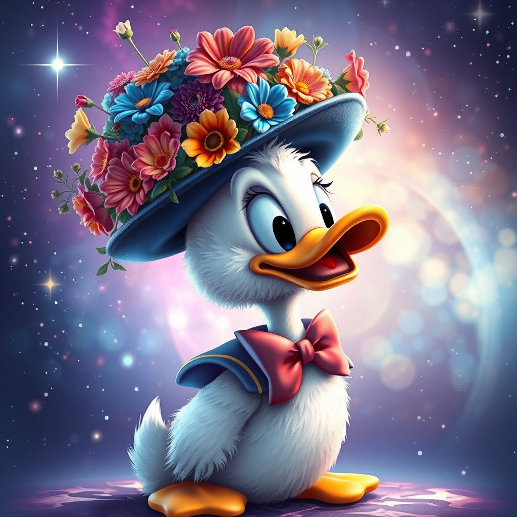 Donald Duck's Astral Flower Hat: A Cosmic Illustration