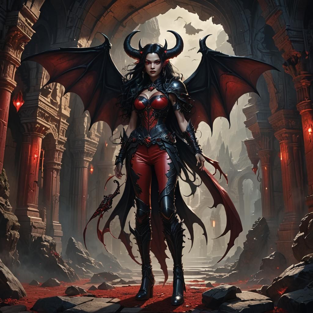 Demoness with Bat Wings in Ornate Cave