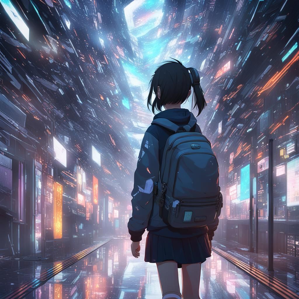 Glitching Girl in Liminal Space: 3D Anime Art