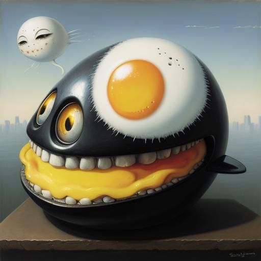 Surreal Portrait with Fried Eggs in Botero Style