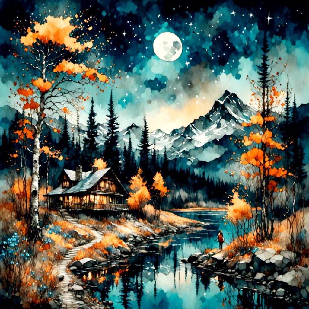 Iridescent Mountain Valley at Night