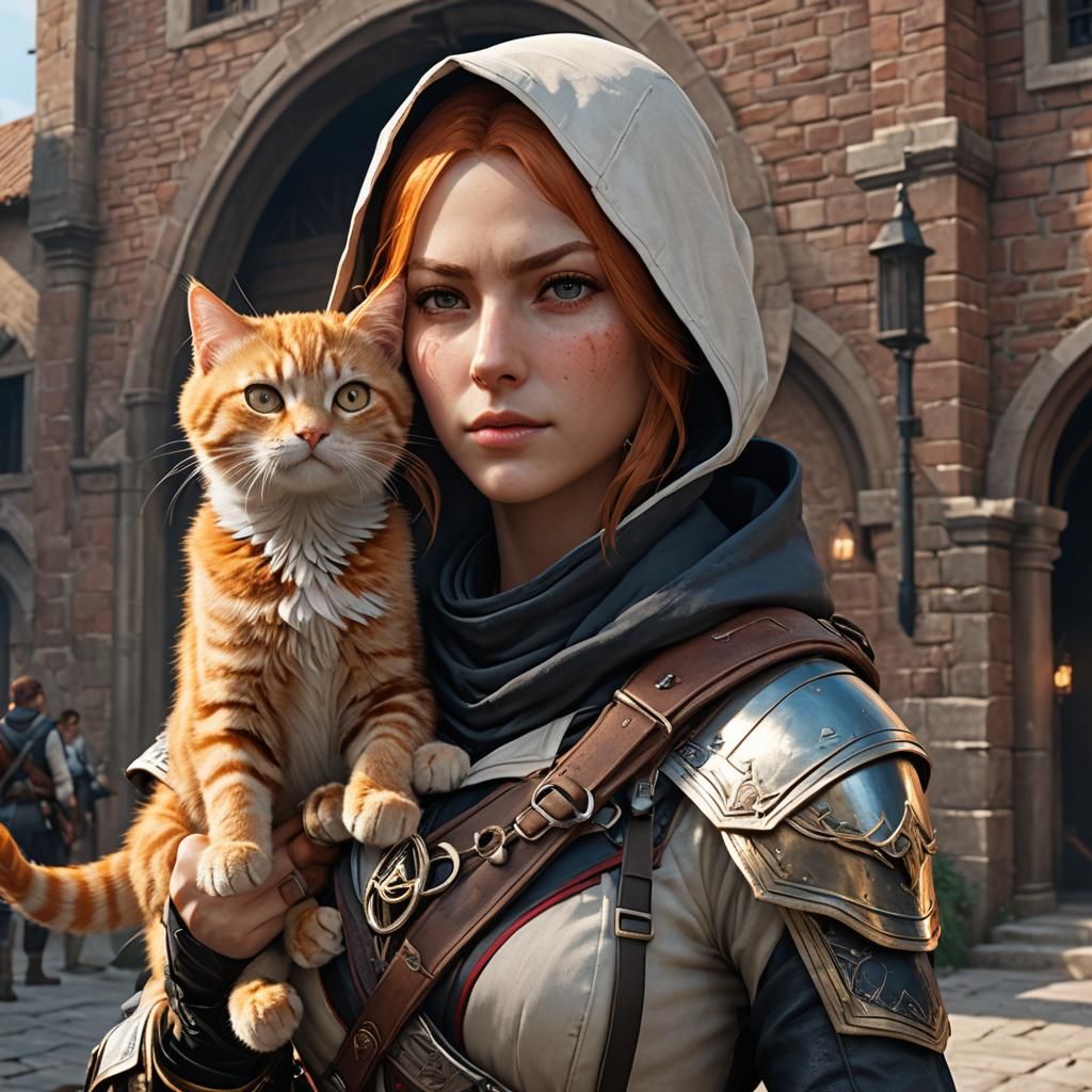 Female Assassin with Ginger Cat in 3D Anime Style