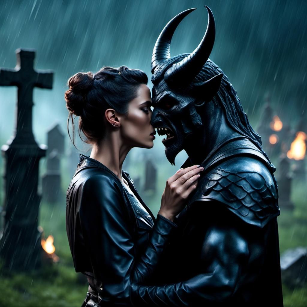 Sad Girl Kisses Devil in Rainy Cemetery