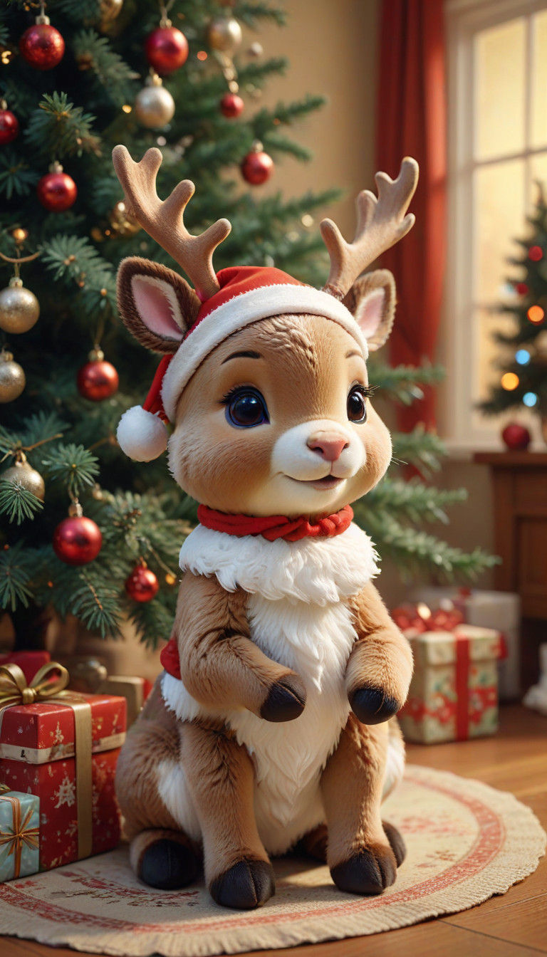 Cute 1950s Christmas Scene with Reindeer and Beautiful Tree