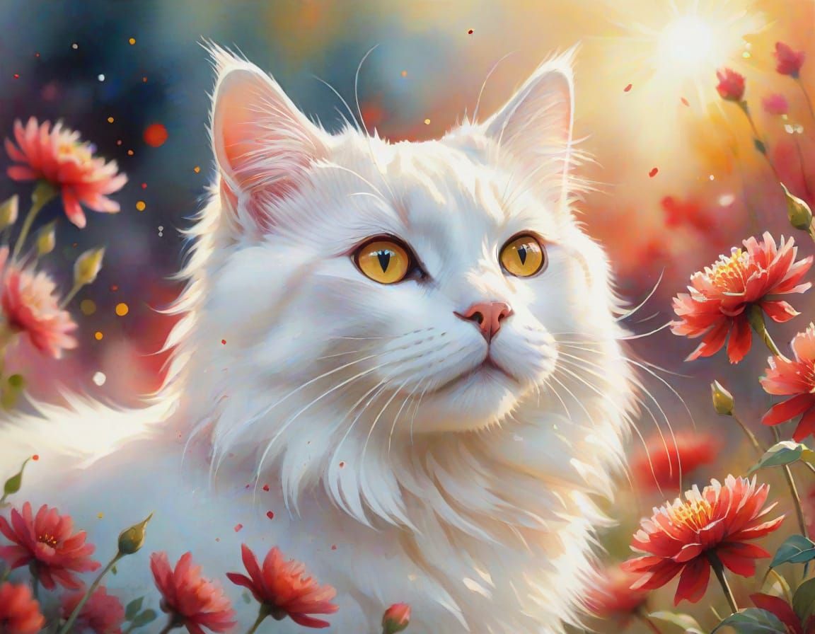 Elegant White Cat Surrounded by Vibrant Red Blooms in Soft F...
