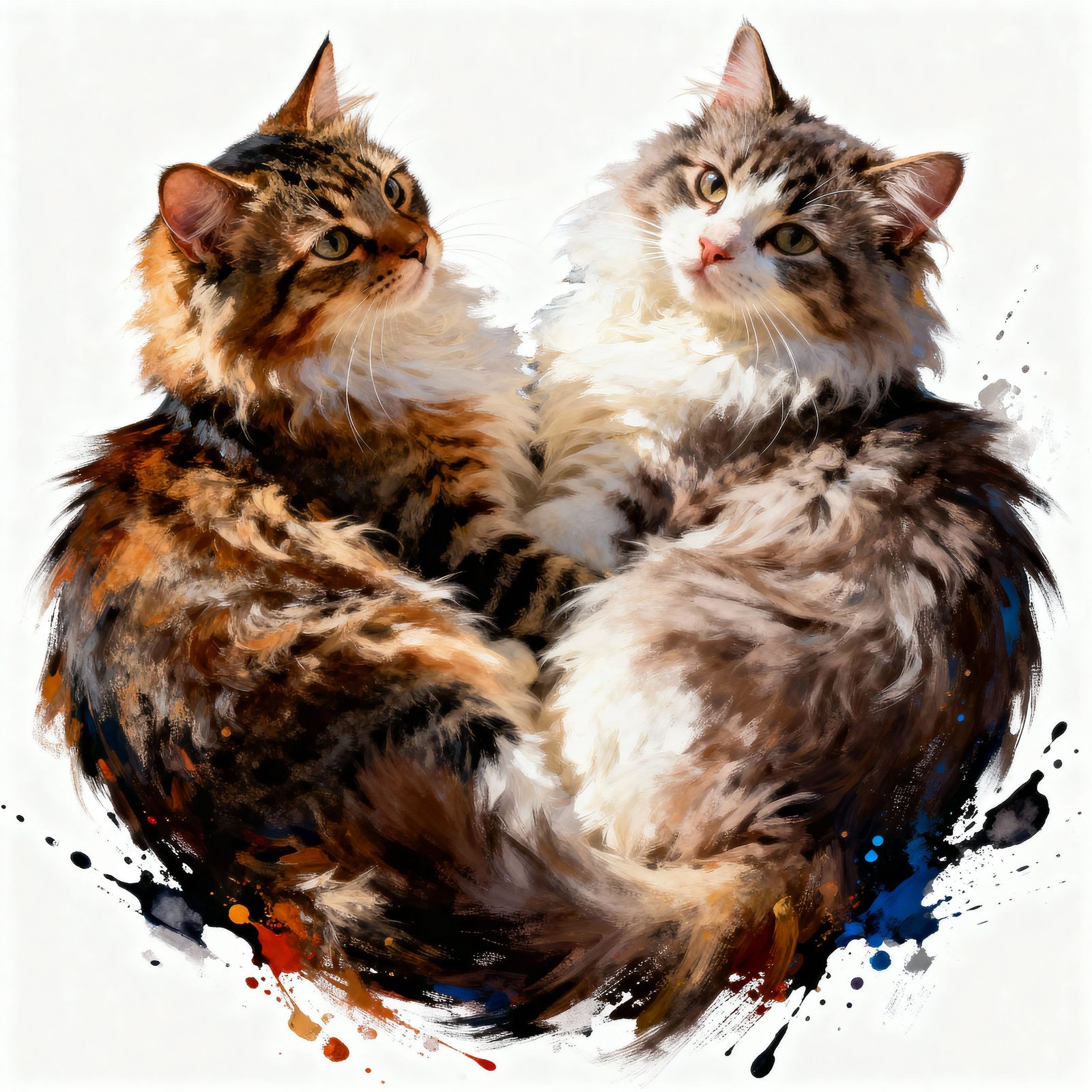 Fluffy Cats in Yin-Yang Pose, Hyperrealistic Splash Art