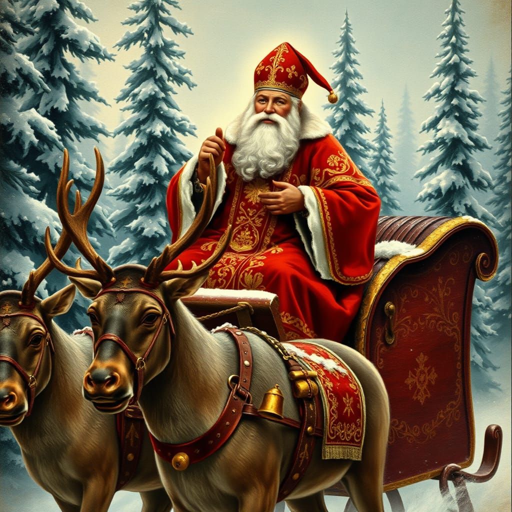 Saint Nicholas Rides Sleigh Through Snowy Forest